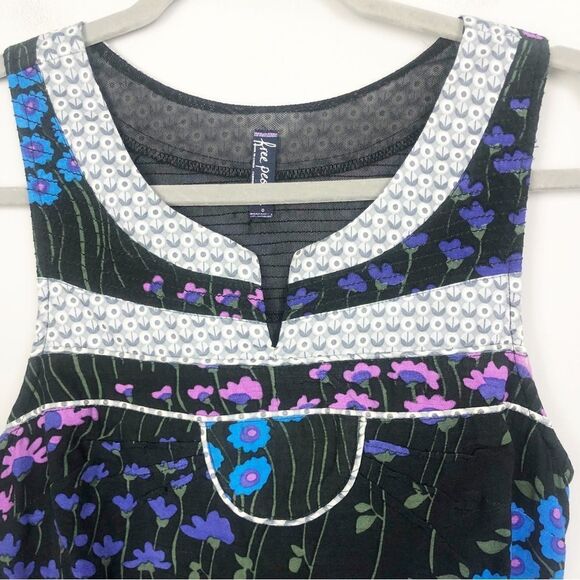 FREE PEOPLE | Floral Black Blue Purple Dress Multicolor Trim Women’s Size 0 - Picture 5 of 11